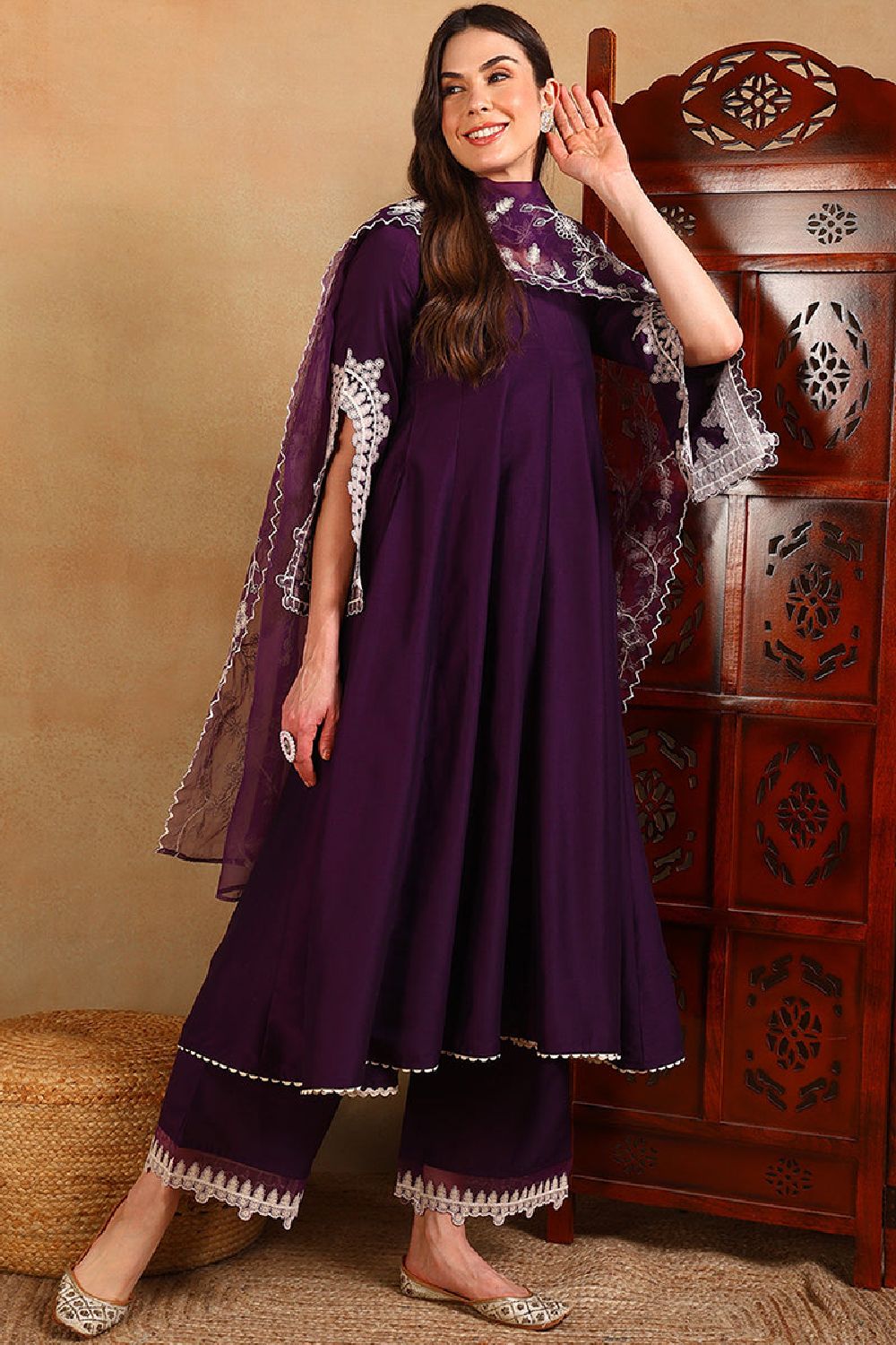 Purple Silk Blend Solid Embroidered Flared Suit Set