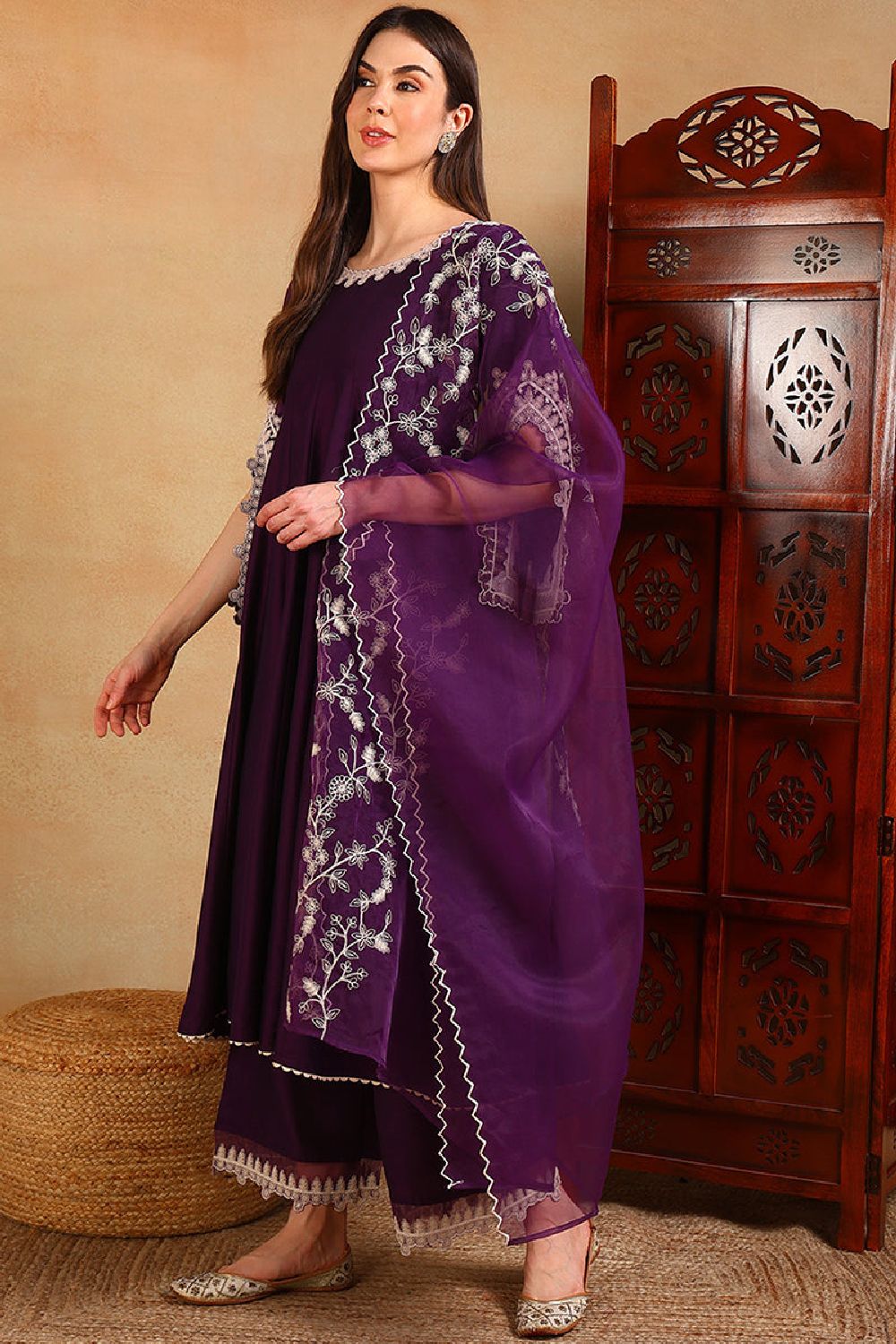 Purple Silk Blend Solid Embroidered Flared Suit Set