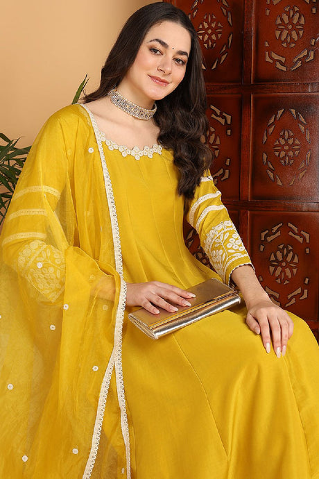 Yellow Silk Blend Solid Embroidered Anarkali Suit Set