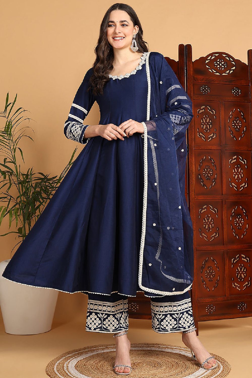 Navy Blue Silk Blend Solid Embroidered Anarkali Suit Set