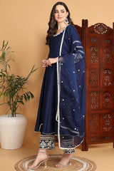 Navy Blue Silk Blend Solid Embroidered Anarkali Suit Set