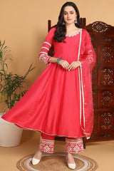 Pink Silk Blend Solid Embroidered Anarkali Suit Set