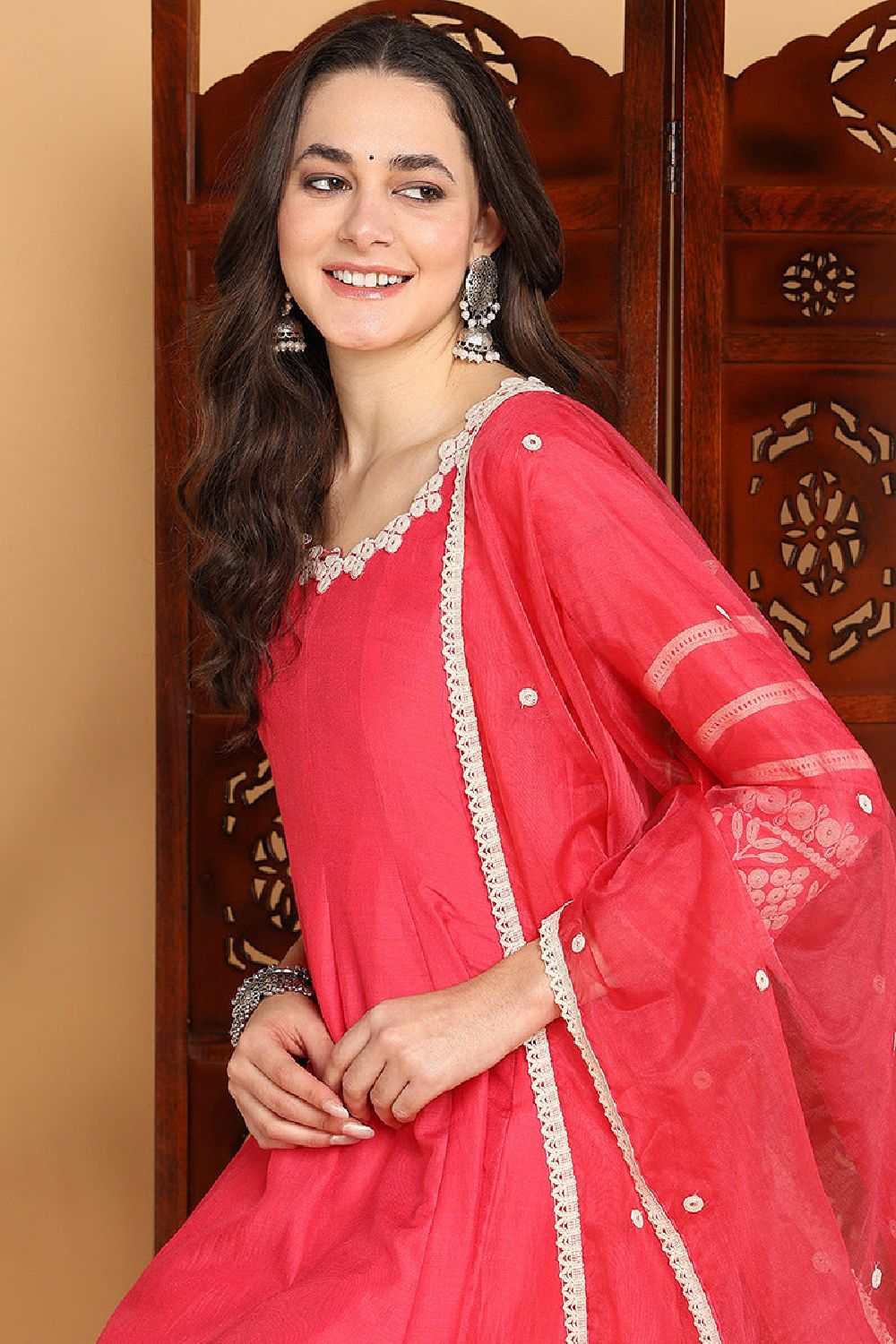 Pink Silk Blend Solid Embroidered Anarkali Suit Set