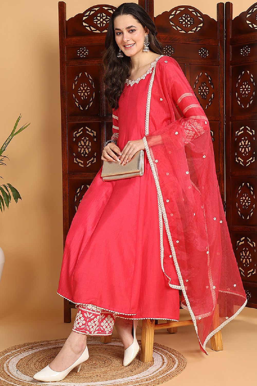 Pink Silk Blend Solid Embroidered Anarkali Suit Set