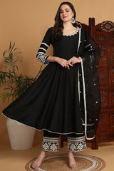 Black Silk Blend Solid Embroidered Anarkali Suit Set