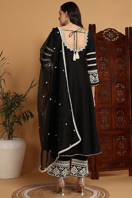 Black Silk Blend Solid Embroidered Anarkali Suit Set