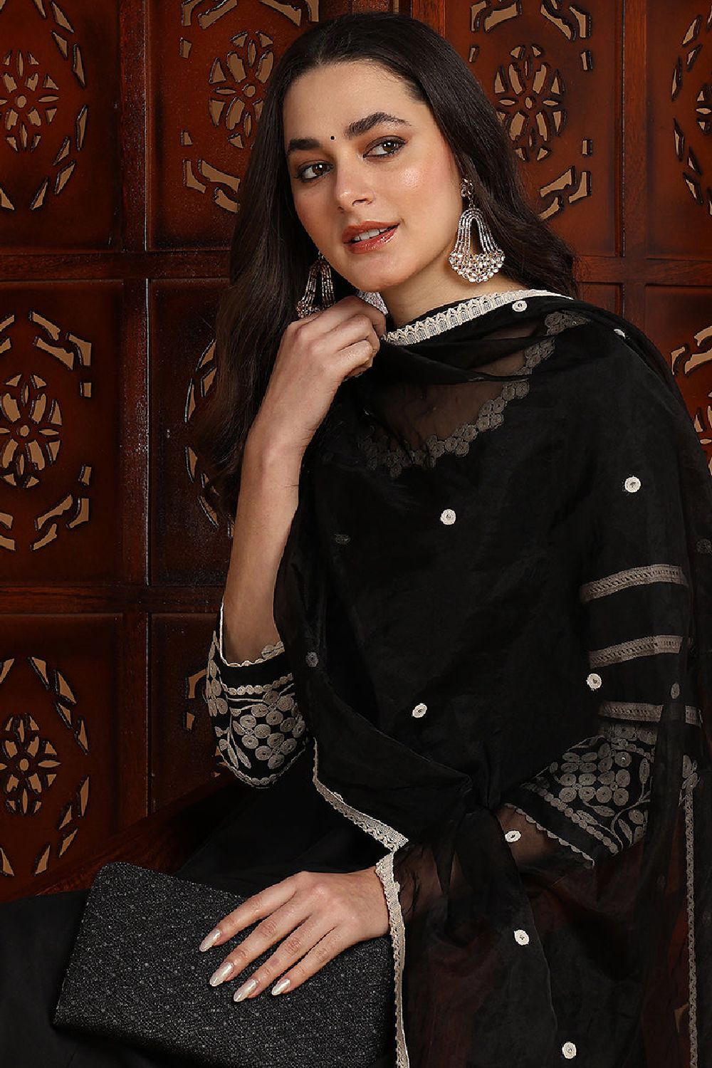 Black Silk Blend Solid Embroidered Anarkali Suit Set