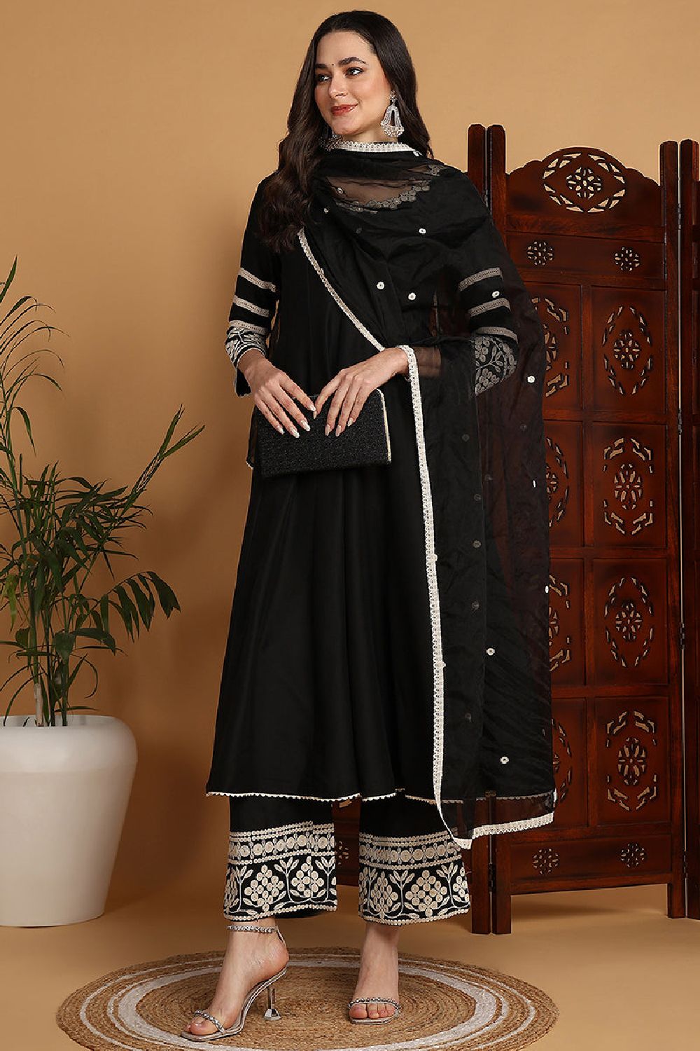 Black Silk Blend Solid Embroidered Anarkali Suit Set