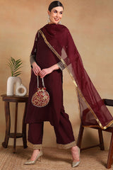 Burgundy Silk Blend Solid Embroidered Straight Regular Suit Set