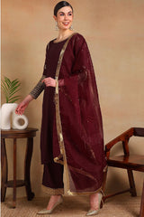 Burgundy Silk Blend Solid Embroidered Straight Regular Suit Set