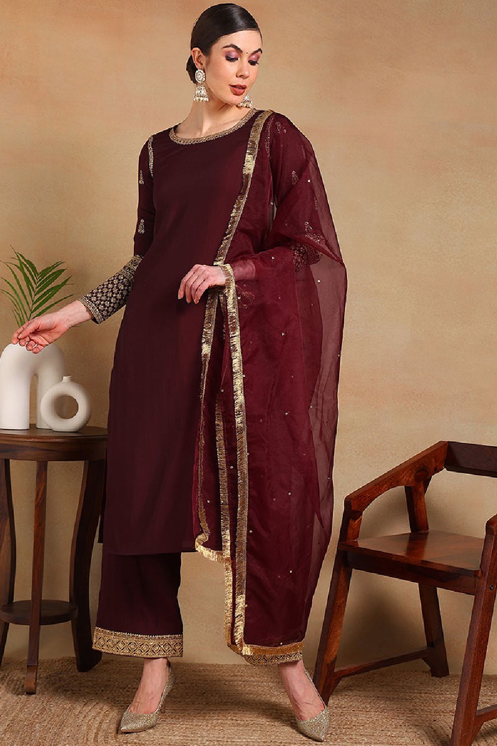 Burgundy Silk Blend Solid Embroidered Straight Regular Suit Set