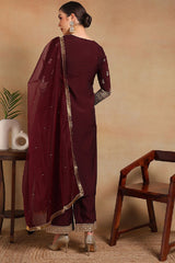 Burgundy Silk Blend Solid Embroidered Straight Regular Suit Set