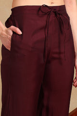 Burgundy Silk Blend Solid Embroidered Straight Regular Suit Set