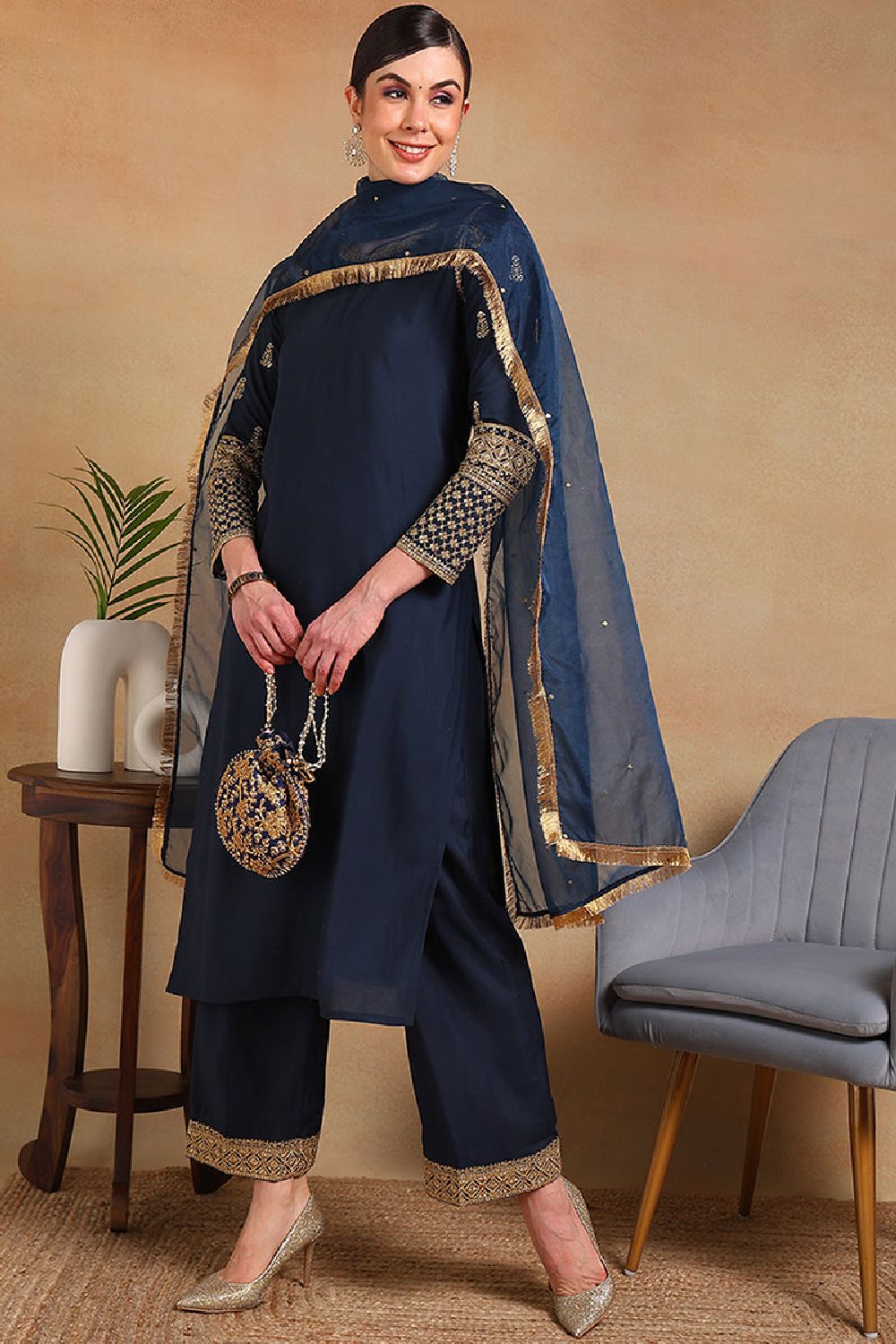 Teal Silk Blend Solid Embroidered Straight Regular Suit Set