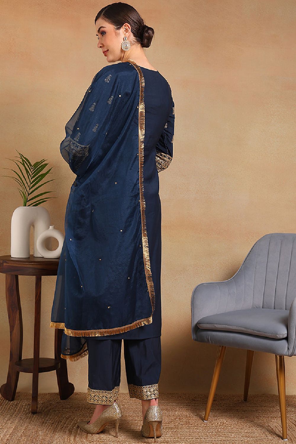 Teal Silk Blend Solid Embroidered Straight Regular Suit Set