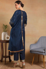 Teal Silk Blend Solid Embroidered Straight Regular Suit Set