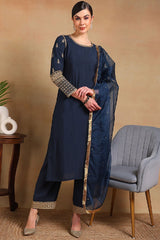 Teal Silk Blend Solid Embroidered Straight Regular Suit Set