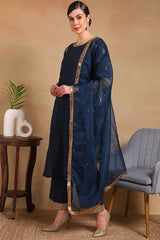 Teal Silk Blend Solid Embroidered Straight Regular Suit Set