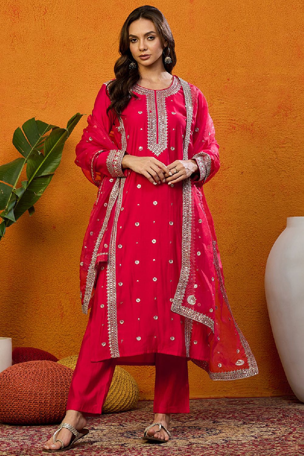 Red Silk Blend Solid Embroidered Straight Suit Set