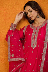 Red Silk Blend Solid Embroidered Straight Suit Set