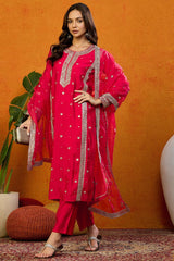 Red Silk Blend Solid Embroidered Straight Suit Set