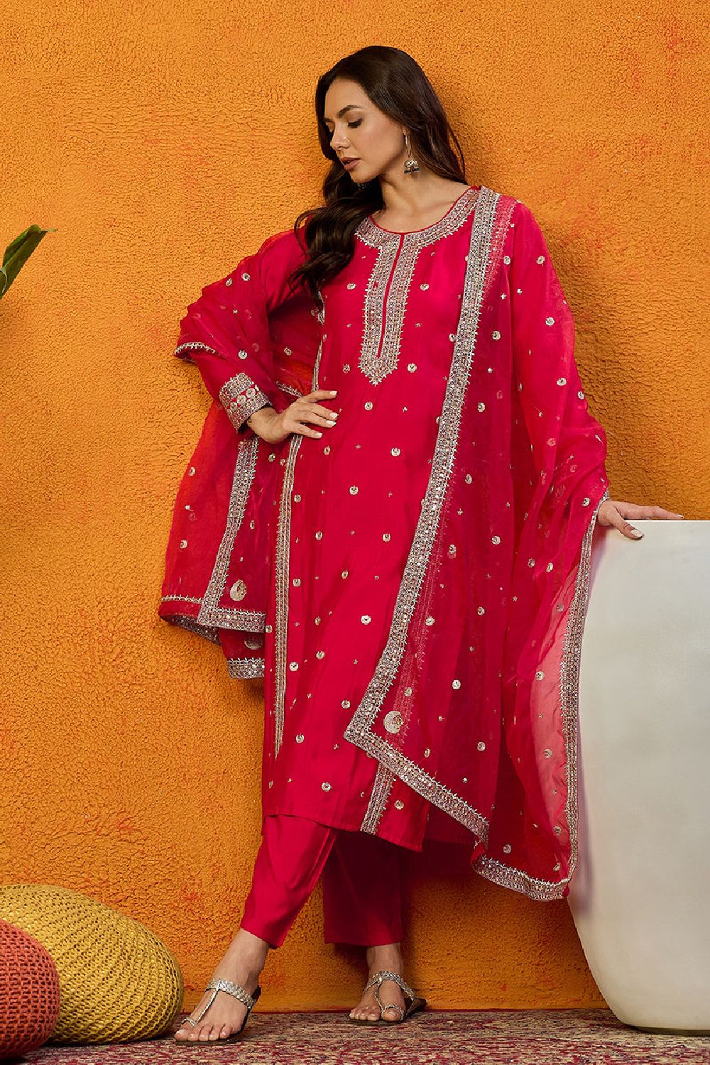 Red Silk Blend Solid Embroidered Straight Suit Set