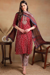 Maroon Silk Blend Embroidered Straight Suit Set