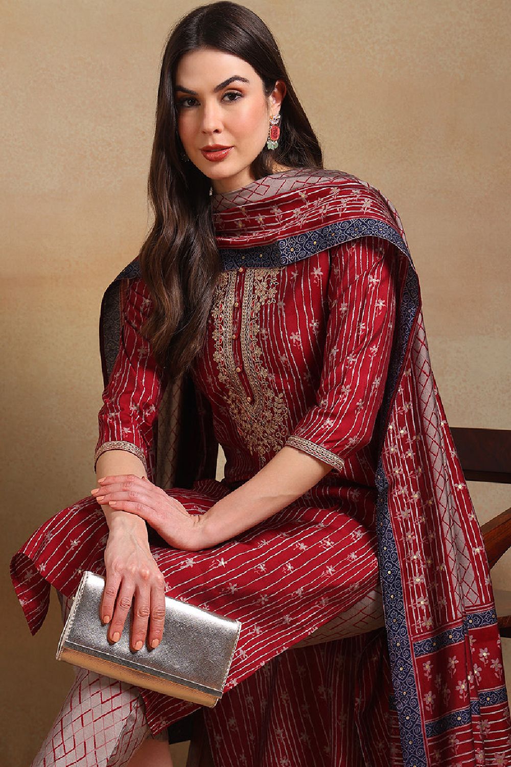 Maroon Silk Blend Embroidered Straight Suit Set