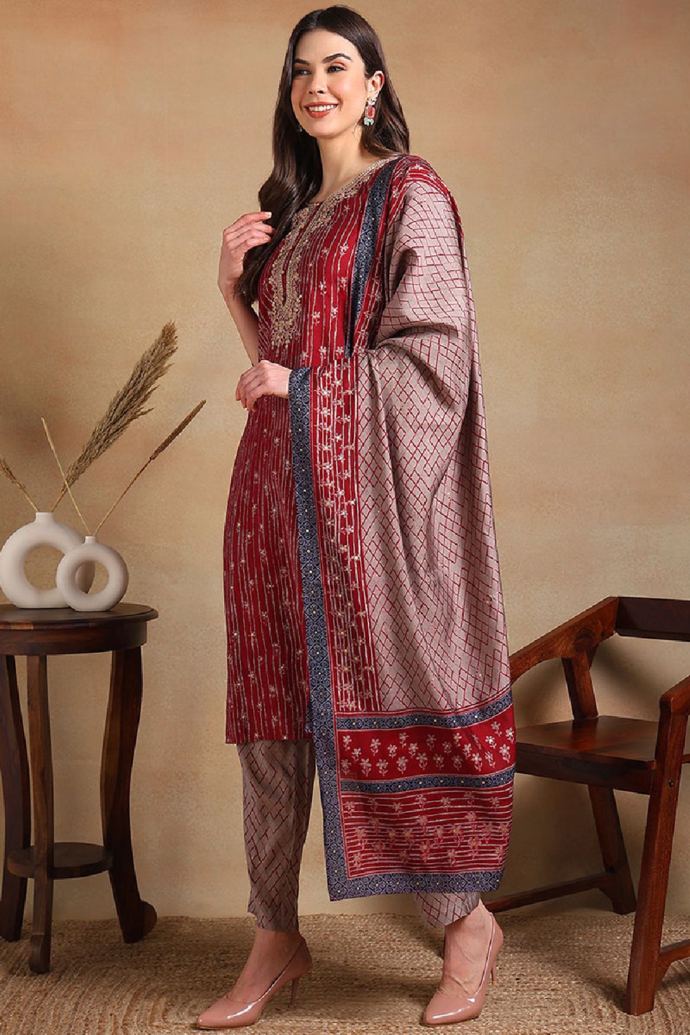 Maroon Silk Blend Embroidered Straight Suit Set