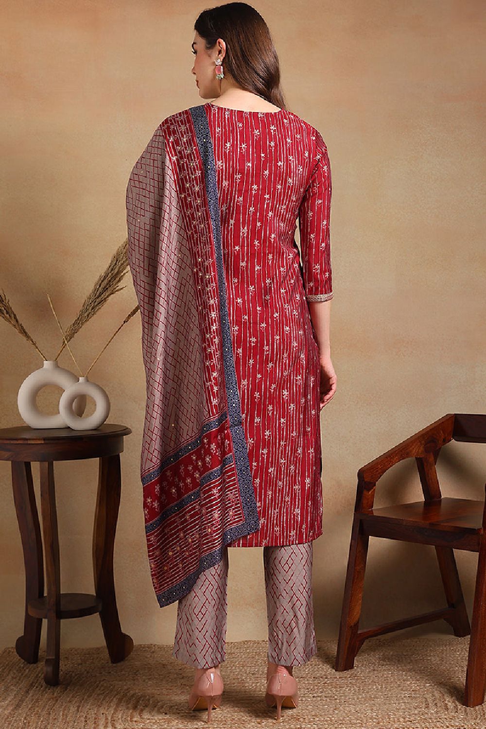 Maroon Silk Blend Embroidered Straight Suit Set