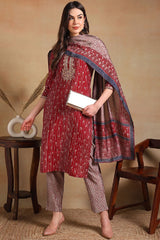 Maroon Silk Blend Embroidered Straight Suit Set