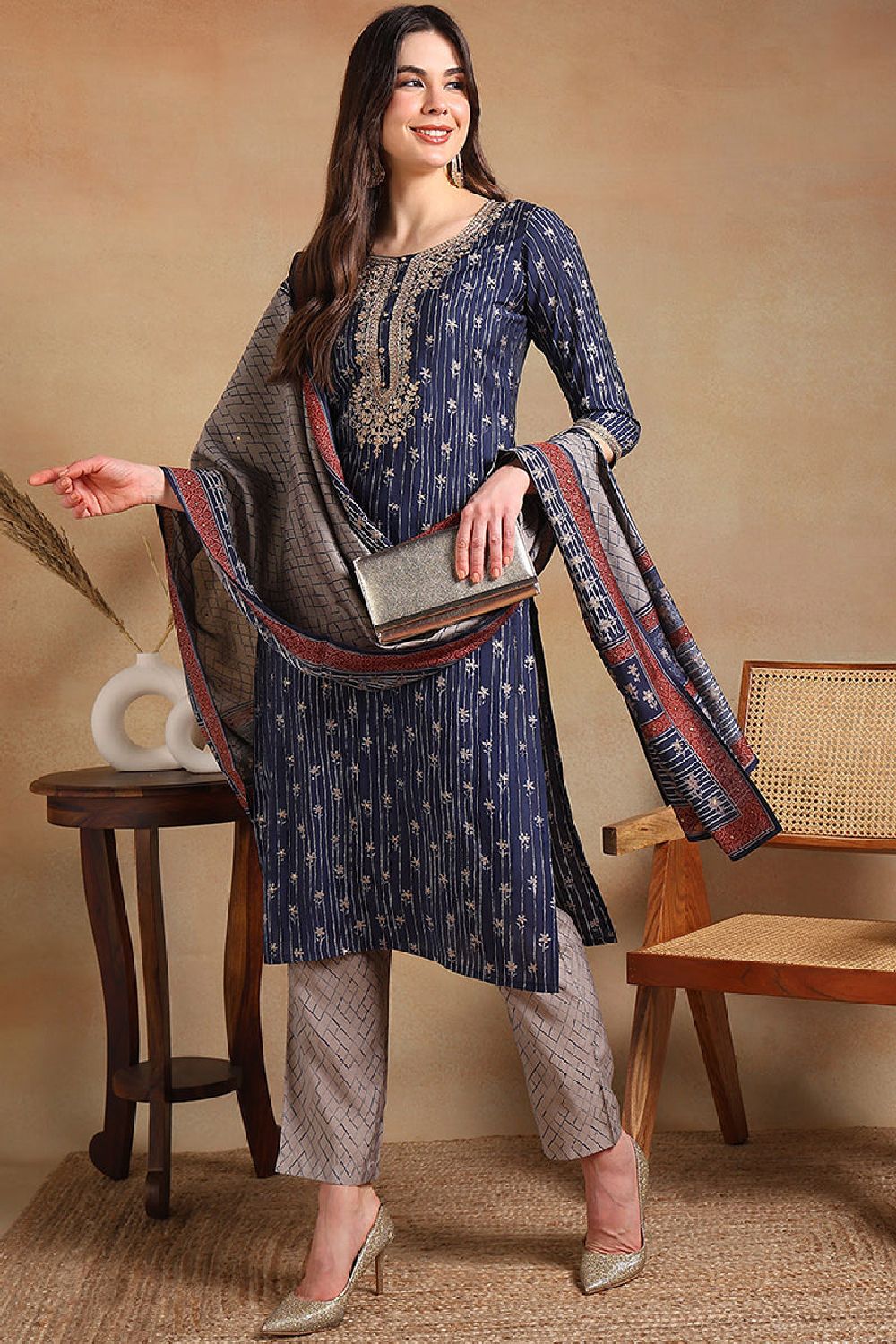 Navy Blue Silk Blend Embroidered Straight Suit Set