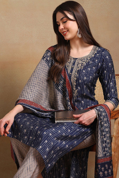 Navy Blue Silk Blend Embroidered Straight Suit Set