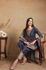 Navy Blue Silk Blend Embroidered Straight Suit Set