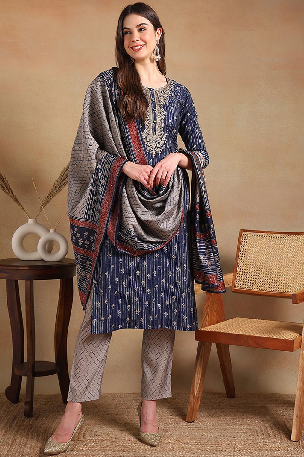 Navy Blue Silk Blend Embroidered Straight Suit Set