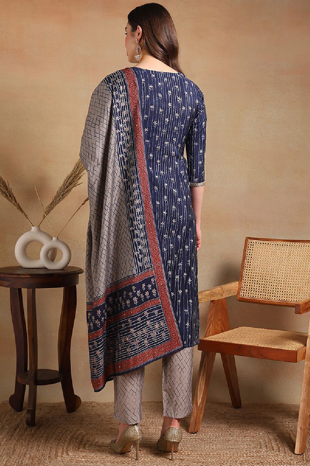 Navy Blue Silk Blend Embroidered Straight Suit Set