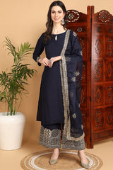 Navy Blue Silk Blend Solid Embroidered Straight Suit Set