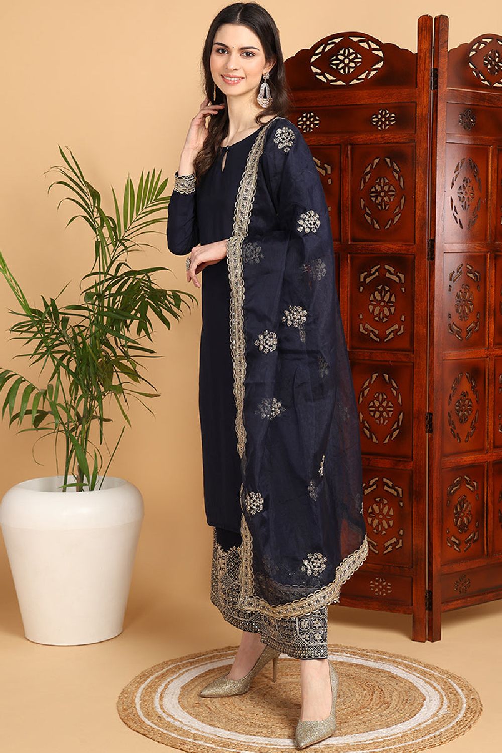 Navy Blue Silk Blend Solid Embroidered Straight Suit Set