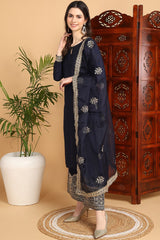 Navy Blue Silk Blend Solid Embroidered Straight Suit Set