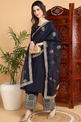 Navy Blue Silk Blend Solid Embroidered Straight Suit Set