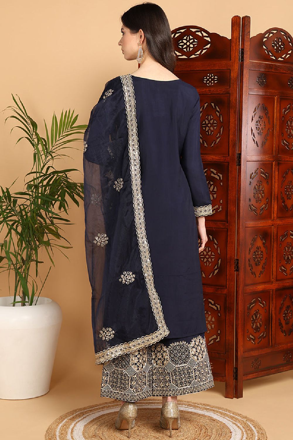 Navy Blue Silk Blend Solid Embroidered Straight Suit Set