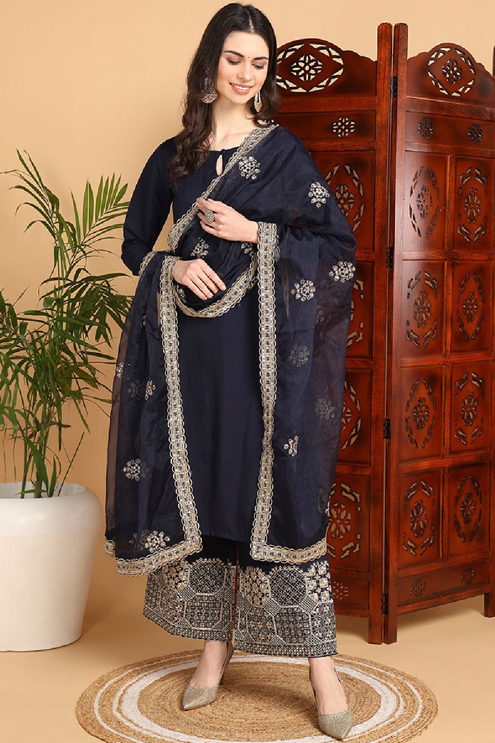 Navy Blue Silk Blend Solid Embroidered Straight Suit Set