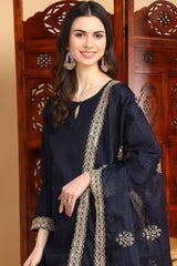 Navy Blue Silk Blend Solid Embroidered Straight Suit Set