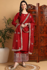 Maroon Silk Blend Solid Embroidered Straight Suit Set