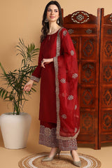 Maroon Silk Blend Solid Embroidered Straight Suit Set