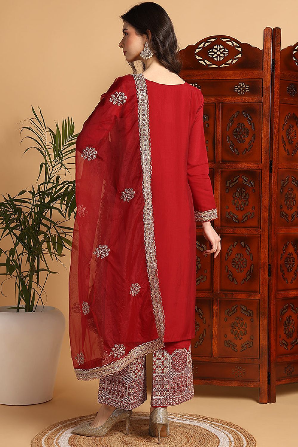 Maroon Silk Blend Solid Embroidered Straight Suit Set