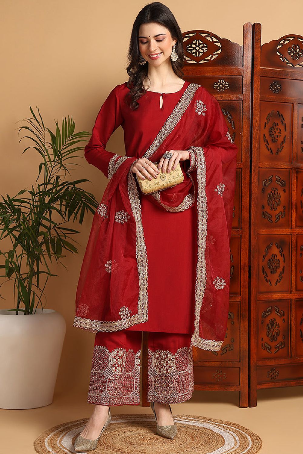 Maroon Silk Blend Solid Embroidered Straight Suit Set