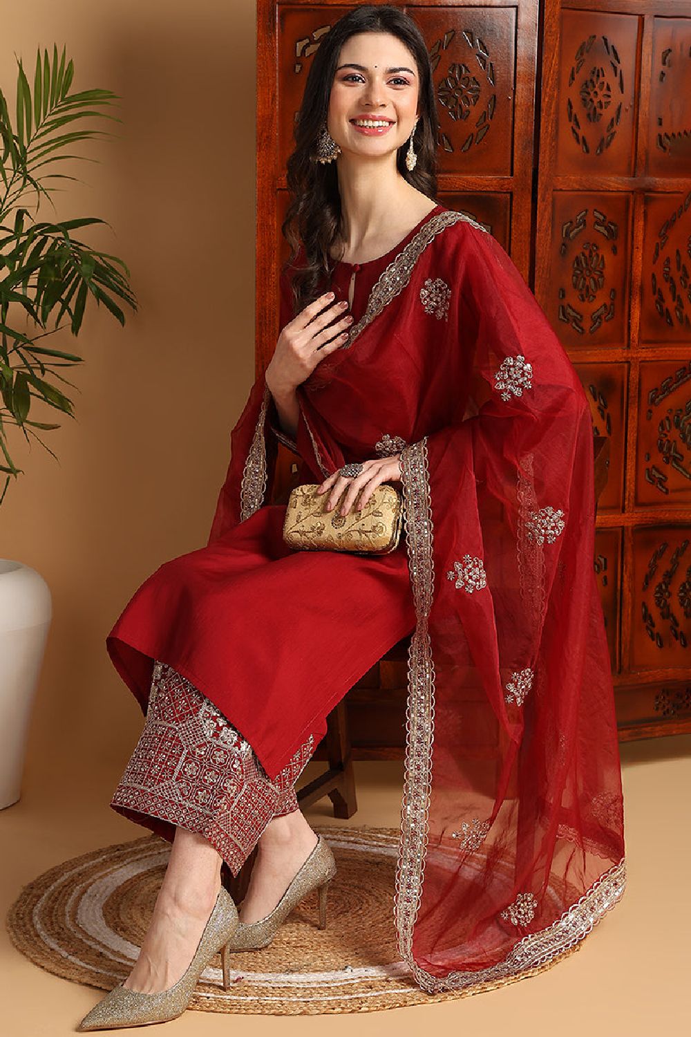 Maroon Silk Blend Solid Embroidered Straight Suit Set