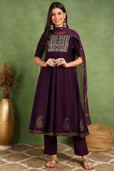 Purple Silk Blend Woven Design Embroidered Flared Suit Set