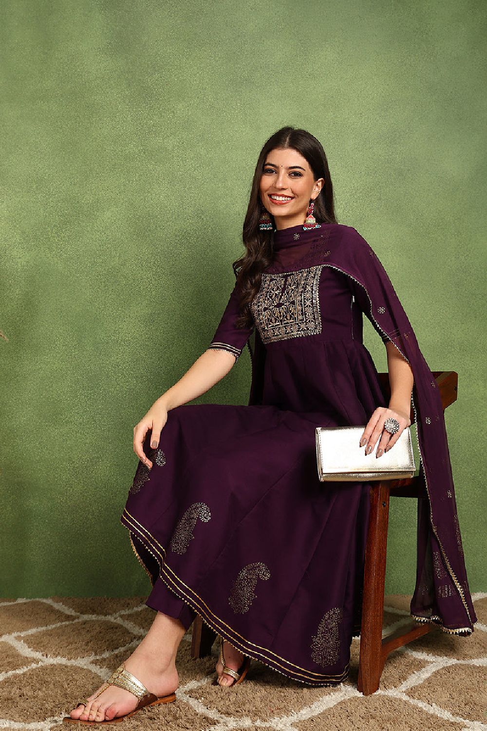 Purple Silk Blend Woven Design Embroidered Flared Suit Set